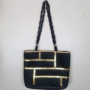 Black Straw Beach Bag Gold Geometric Embellishment